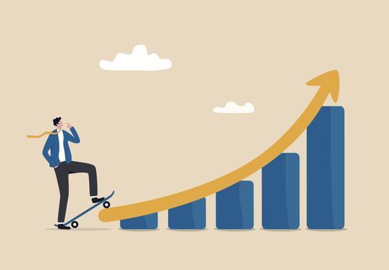 A man is riding a skateboard up a graph.