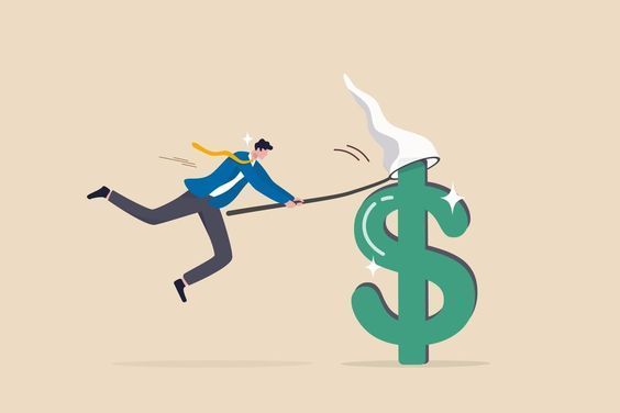 A man is pulling a dollar sign with a rope.