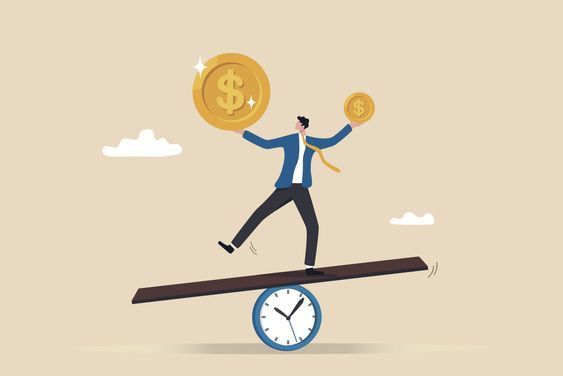 A man is standing on a seesaw holding a coin and a dollar sign.