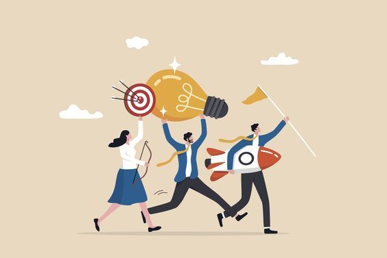 A group of business people are running with a light bulb and a target.