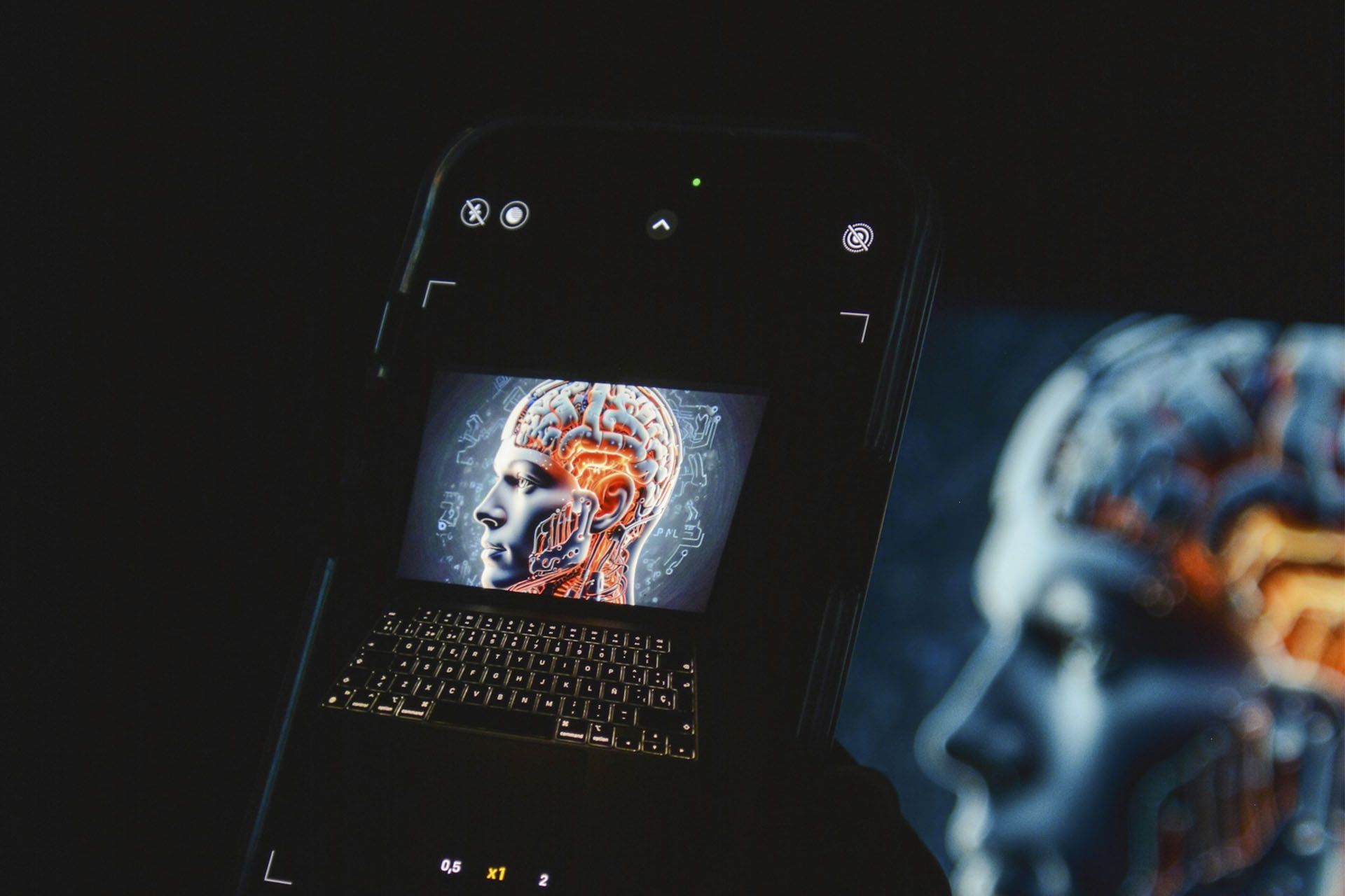 Smartphone showing a brain scan, with a glowing keyboard. Futuristic medical setting.