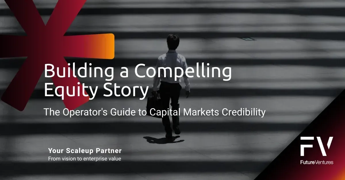 Man walking on a crosswalk towards text: "Building a Compelling Equity Story". Dark red and orange logo.