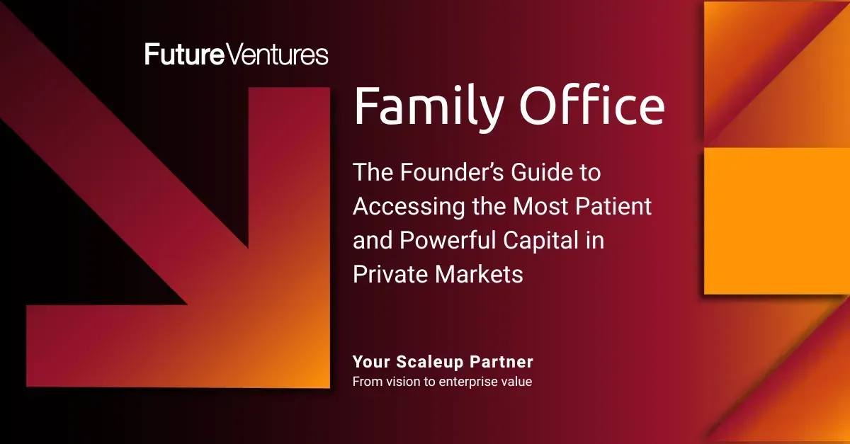 Book cover: "Family Office" guide for founders by FutureVentures. Red, orange, and white text on a dark background.