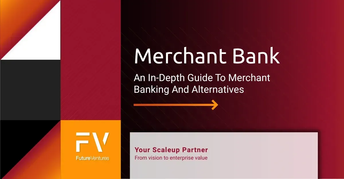 A promotional slide titled "Merchant Bank: An In-Depth Guide," featuring an orange arrow and the "FV" logo on a red background.