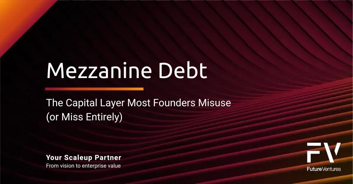 Presentation slide titled “Mezzanine Debt” on a red wave-patterned background with FV branding.