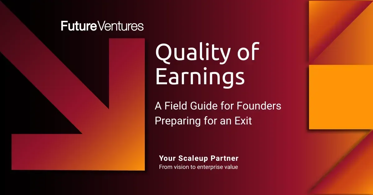 Banner for FutureVentures “Quality of Earnings” article, with orange and maroon geometric design.