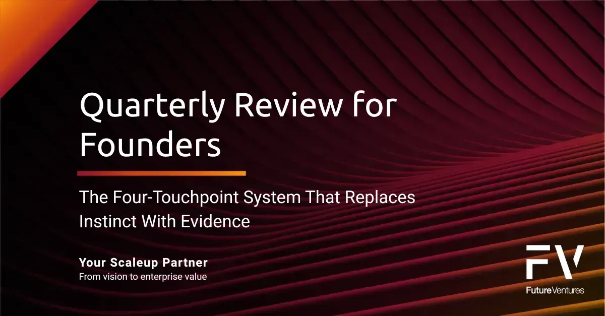 Title slide titled "Quarterly Review for Founders" with a dark, abstract background and Future Ventures logo.