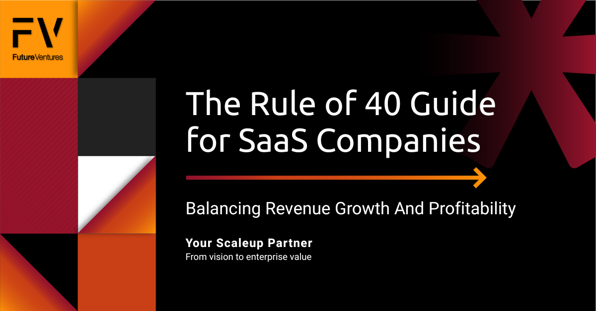 Presentation titled "The Rule of 40 Guide for SaaS Companies" on black background with orange and red design.