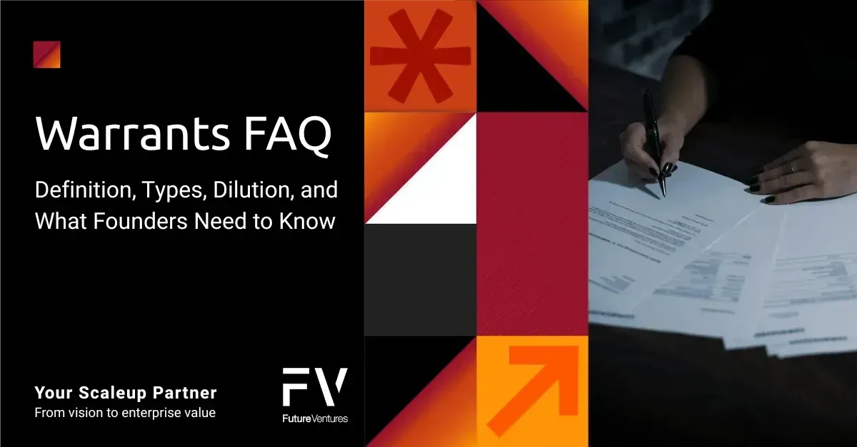 Banner for a Warrants FAQ article, with geometric orange and black design beside a hand signing documents.