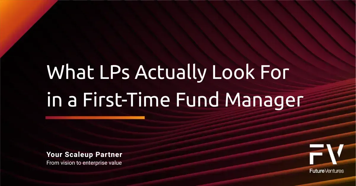Title slide reading “What LPs Actually Look For in a First-Time Fund Manager” on dark red abstract background.