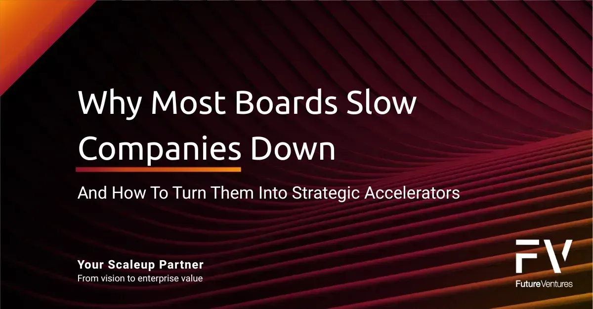 Title slide: "Why Most Boards Slow Companies Down," with text and abstract background.