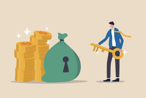 A man is holding a key next to a bag of money.