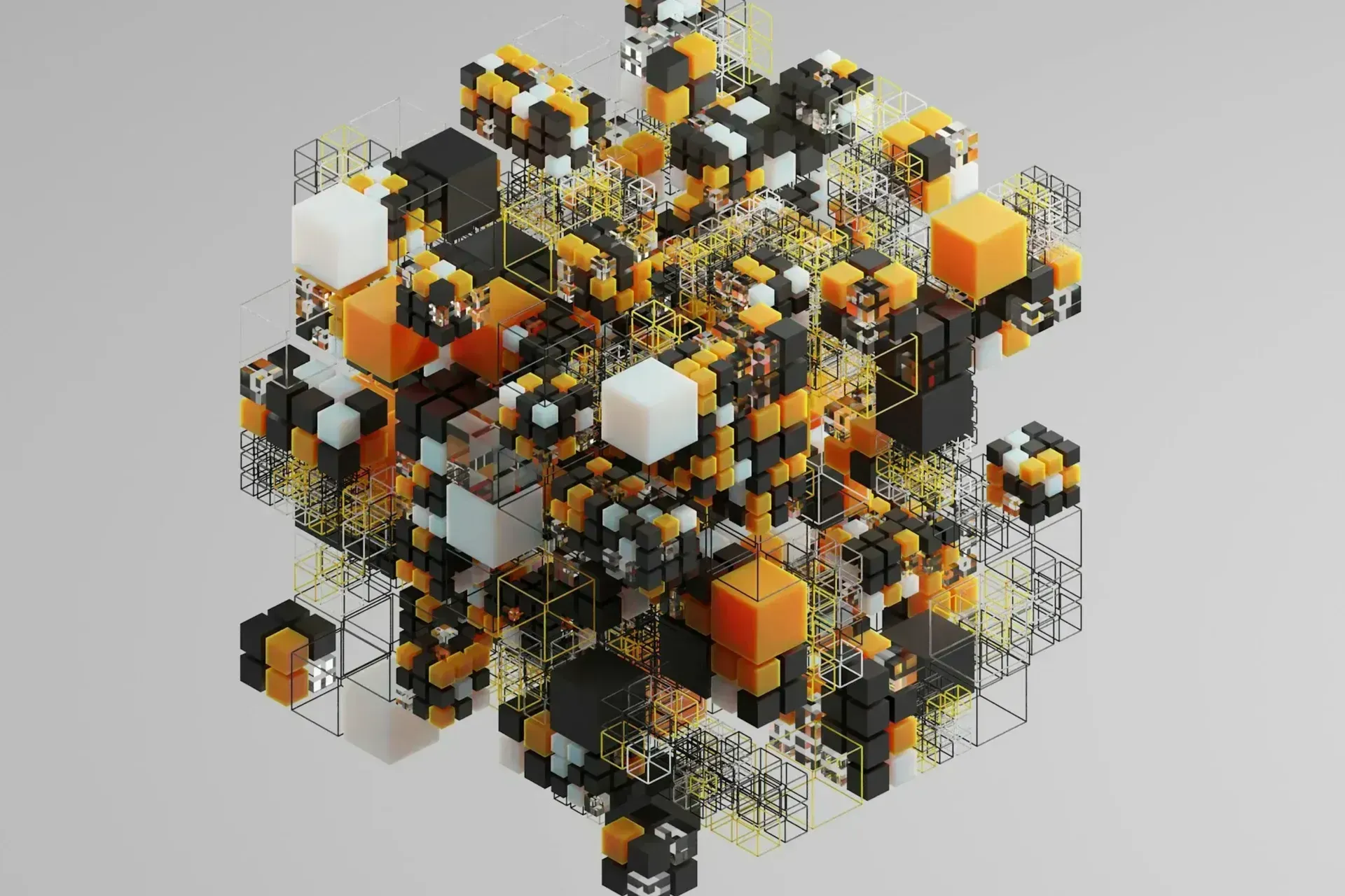 Abstract 3D structure: Cubes of black, orange, and white clustered within a wireframe cube, set against a gray backdrop.
