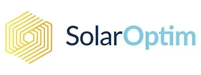 SolarOptim logo with gold hexagon icon and a navy-to-light blue text.