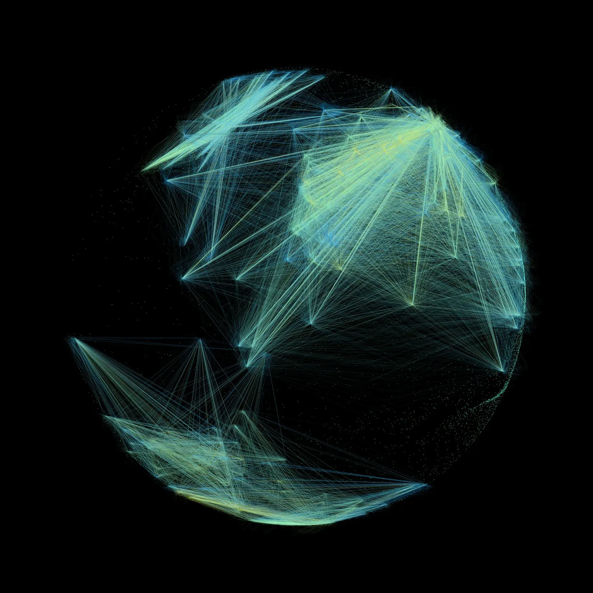 Abstract network graphic: A sphere of interconnected lines and nodes, in shades of teal against a black background.