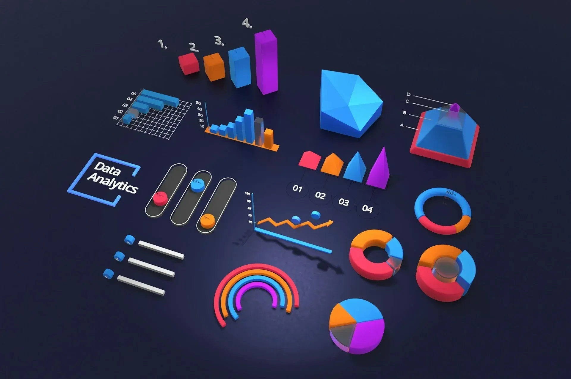 Data analytics icons, including charts and graphs, in various colors, on a dark blue background.