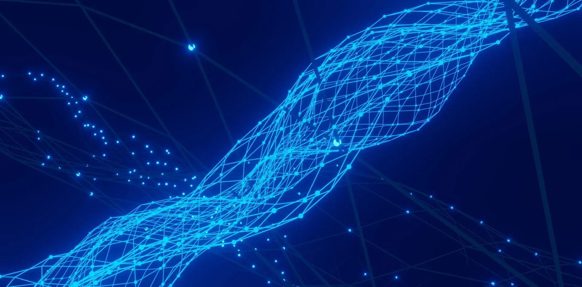 Abstract digital network in blue, with glowing nodes and interconnected lines.